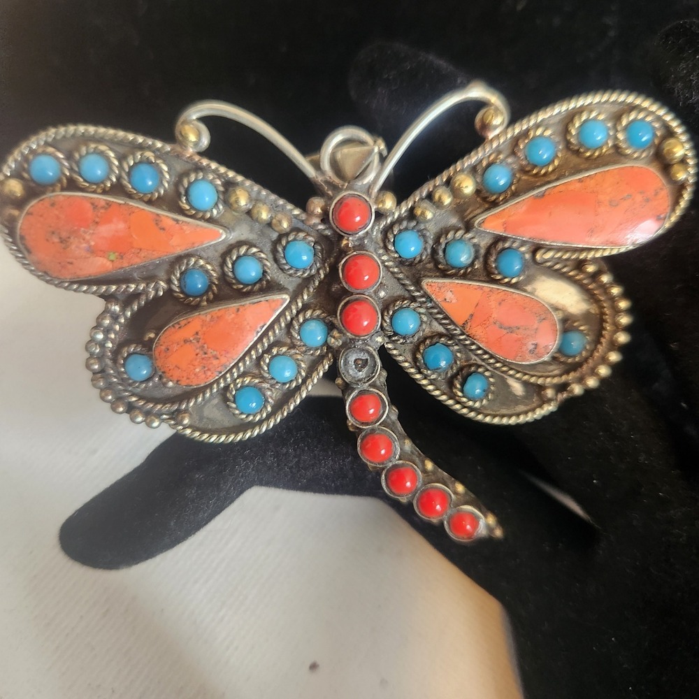 Vintage Tribal Dragonfly Pendant Turquoise Coral Inlay Silver‎ Brass Tone Boho
